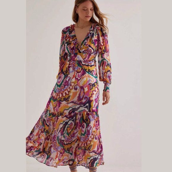 Anthropologie The Odetta Ruffled V-Neck Long-Sleeve Midi Dress NWT - Picture 3 of 9
